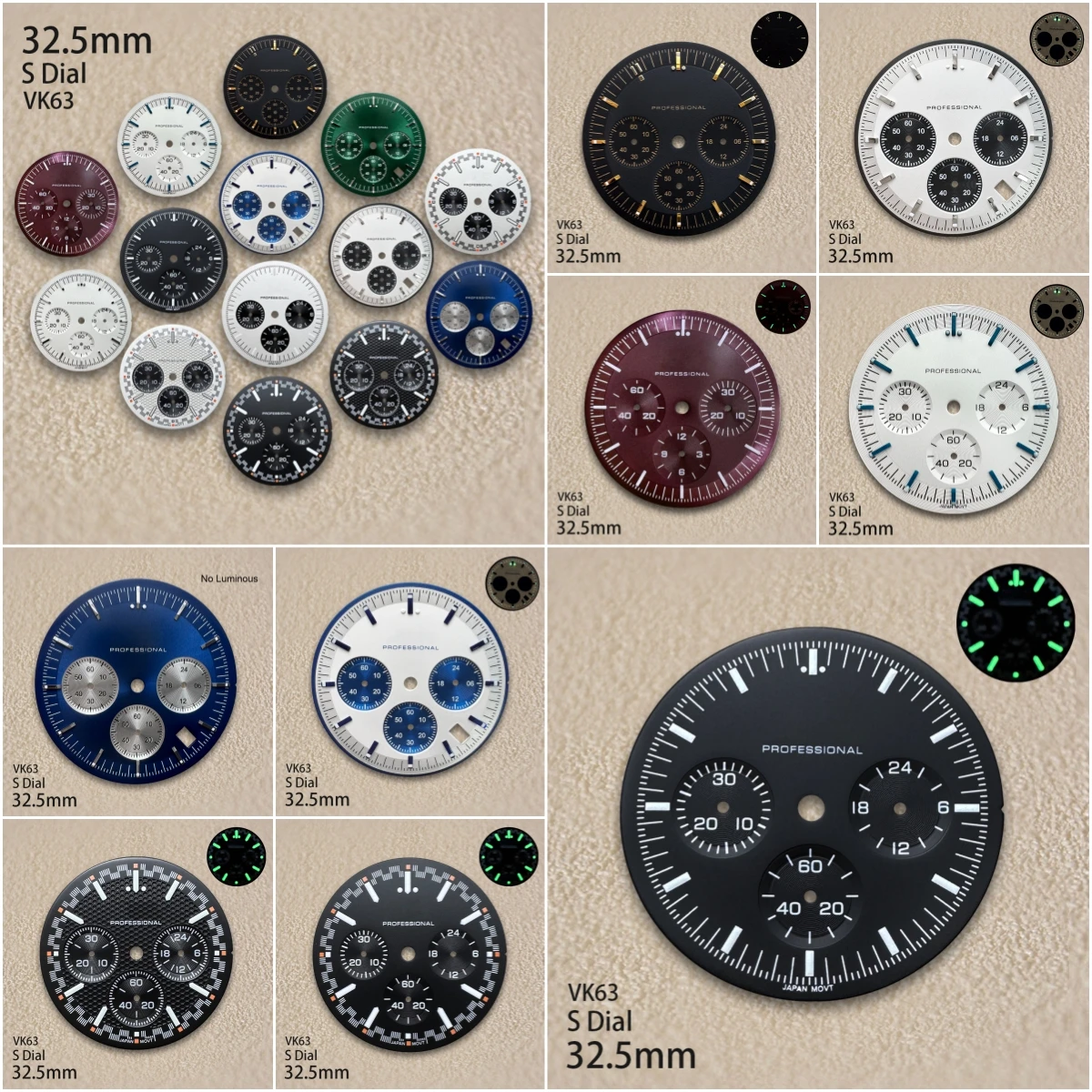 

32.5mm S Logo Speed Black Dial Fit VK63 Quartz Movement Green Luminous Maate Black/Blue/Purple Watch Modification Accessories