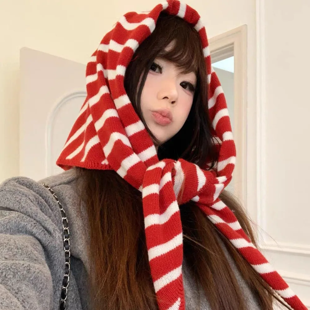 Cute Headscarf Knitted Triangular Scarf Keep Warm Windproof Shawl Hat Ear Protection Soft Winter Stripes Scarf for Women