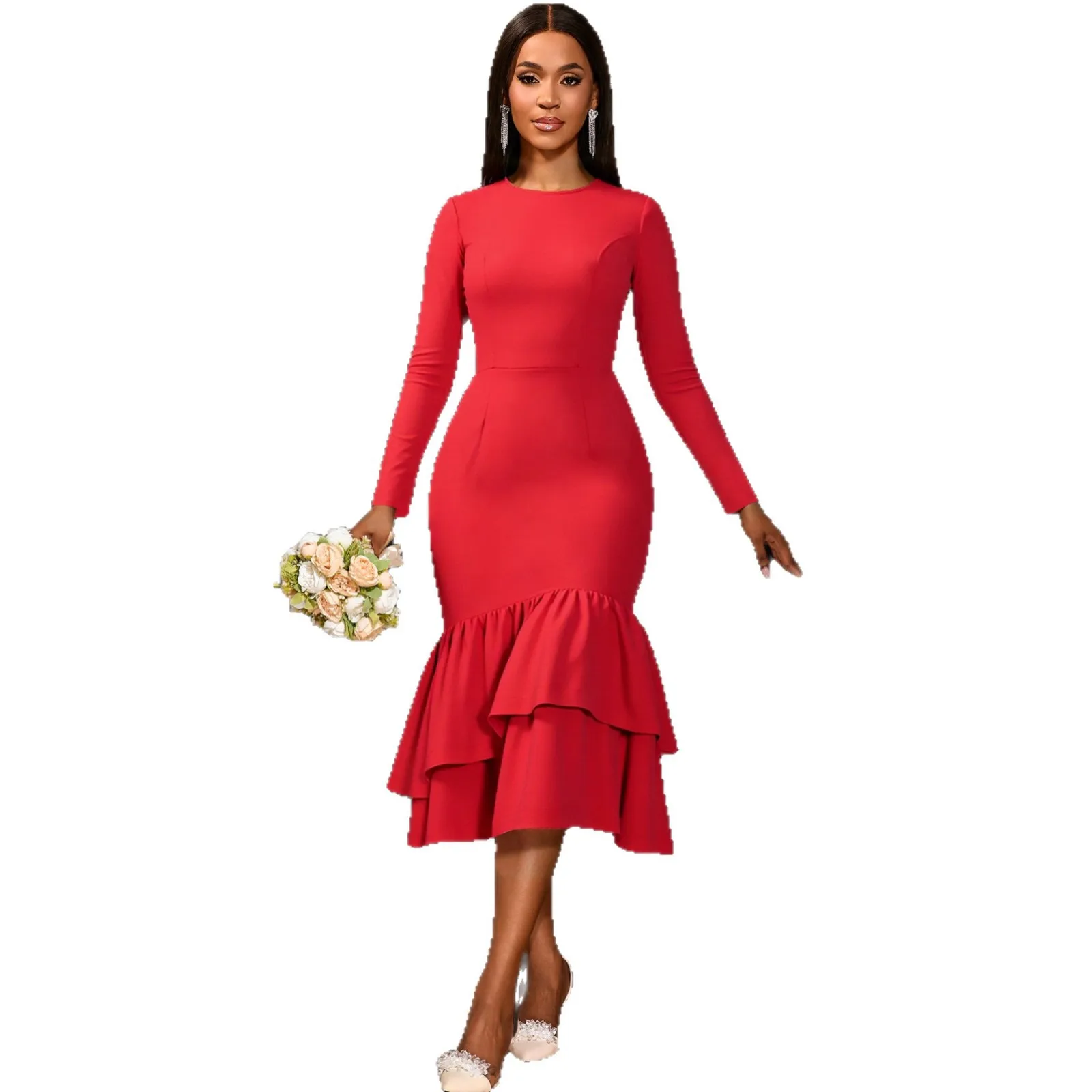 Chic Round Neck Irregular Ruffle Edge Fishtail Tea Length Party Dress With Long Sleeves