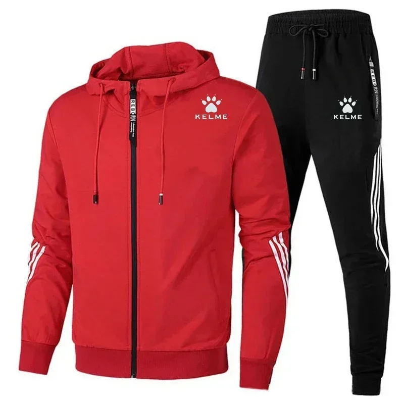 2024Brand KELME Men\'s Handsome Zipper Hoodie Set + 2pcs High Quality Casual Sweatpants Fashion Sport Men M-XXXL