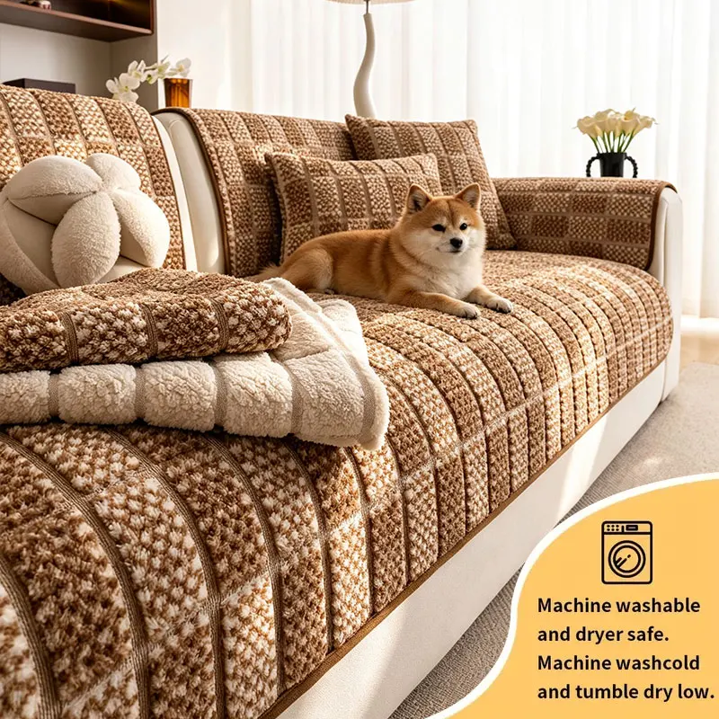 1PC-Grid Plush Sofa Cover, ideal for warm rustic indoor living space, Pet Friendly, Scratch Resistant, Non-slip, Universal Fit