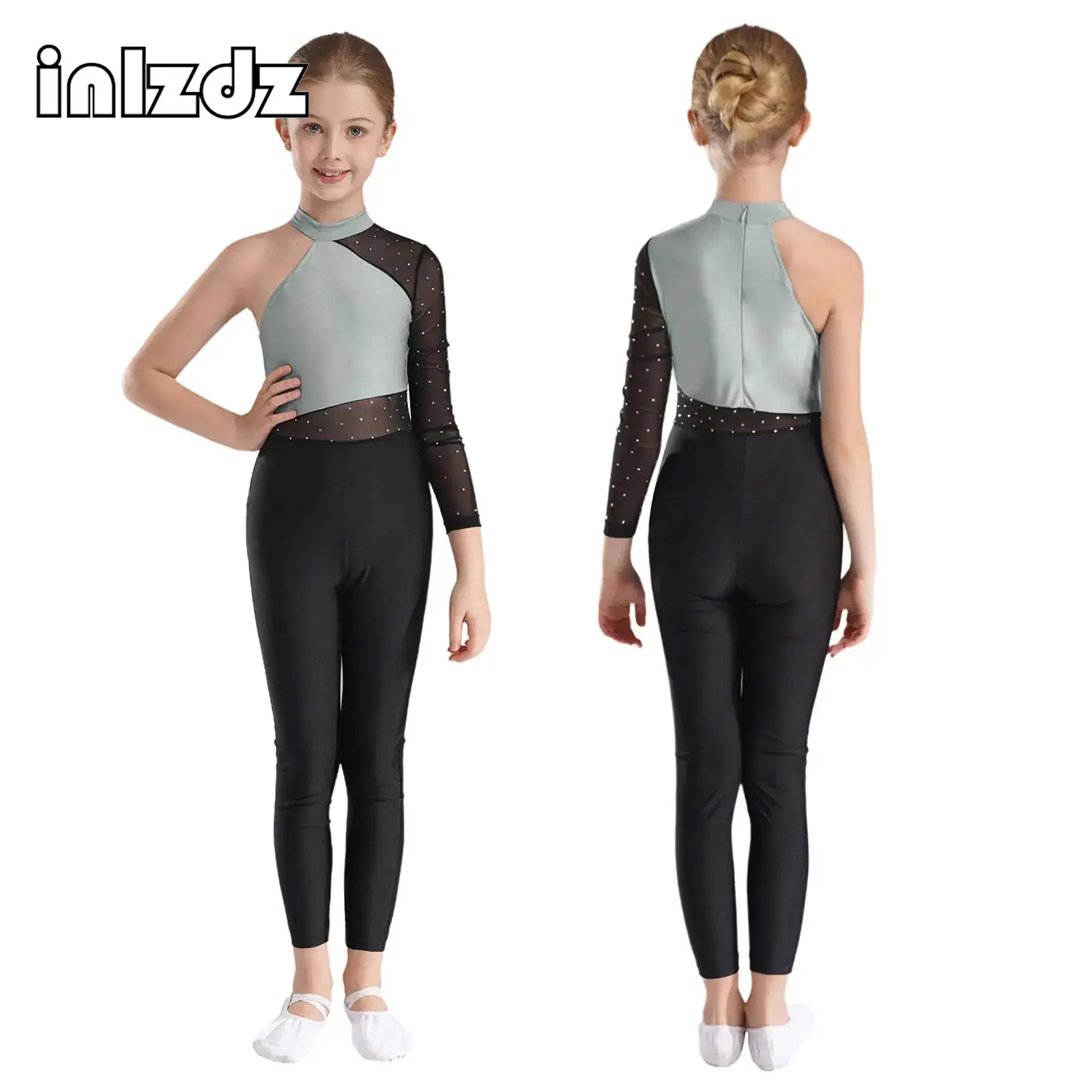 

Kids Girls Ballet Dance Jumpsuit Acrobatics Gymnastics Leotards One Shoulder Long Sleeve Full Bodysuit Figure Skating Unitard