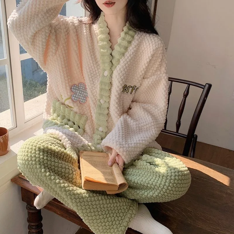 Girls Coral Velvet Pajamas Women Autumn Winter Loungewear 2024 New Thickened Plush Sleepwear Flannel Home Wear Cardigan Set