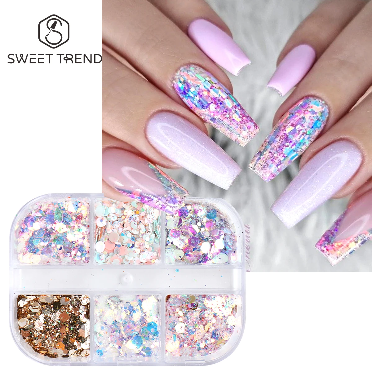 6 Grids Iridescent Crystal Nail Sequins Hexagon Chunky Mermaid Glitter Flakes Goblin Gel Polish Spring Creative Manicure Slices
