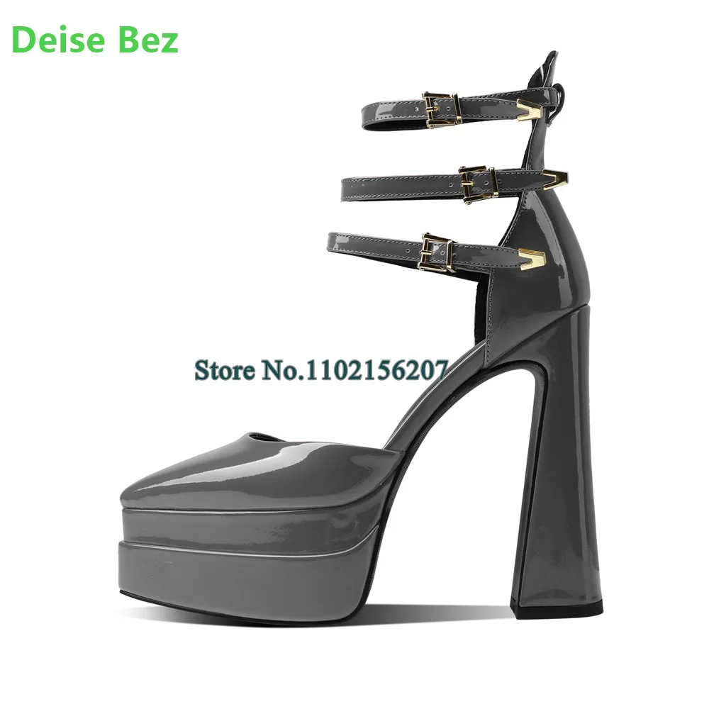 

Pointed Toe Square Heel Ankle Buckle Straps Pumps For Female Women Luxury Design Platform Patent Leather Fashion Elegant Shoes