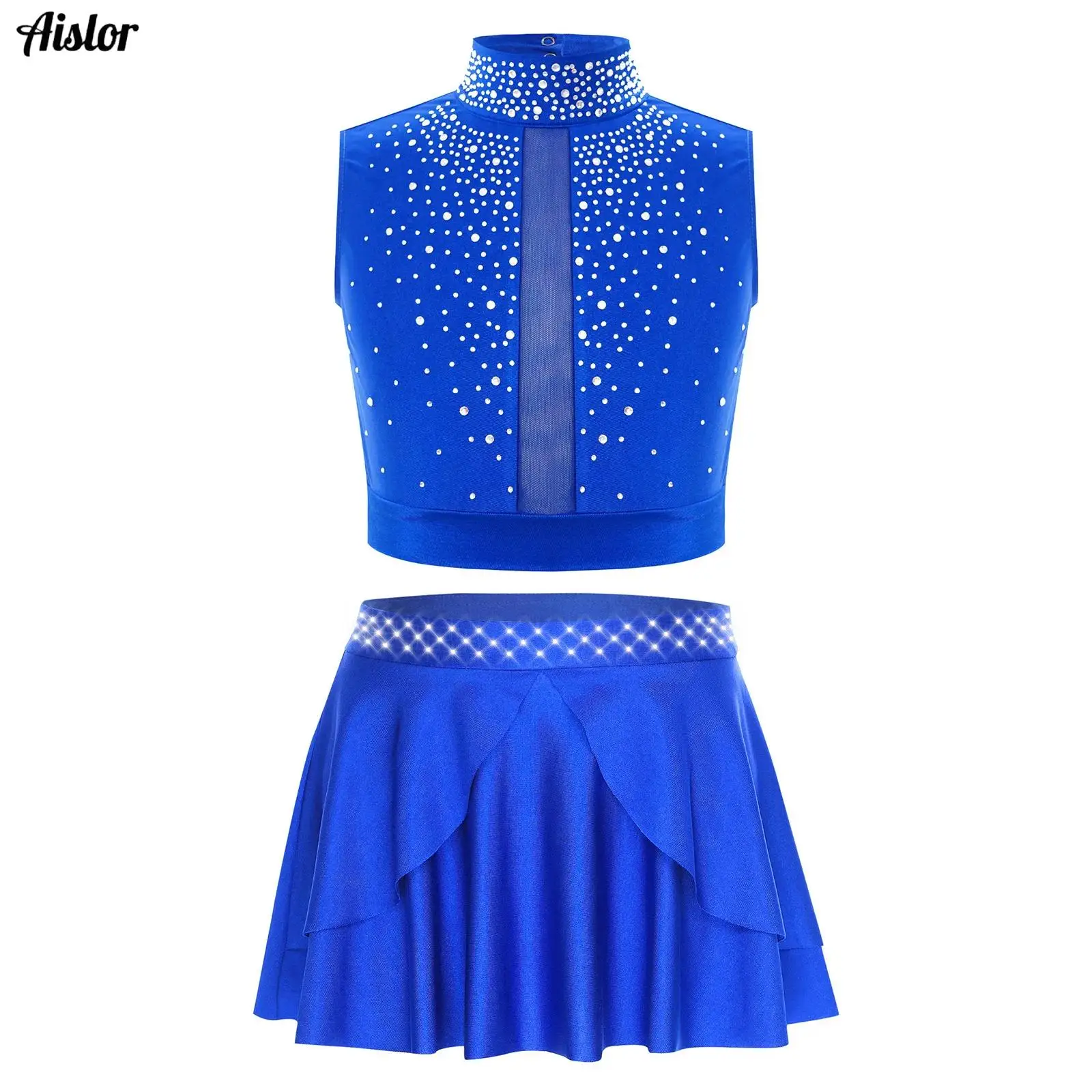 Kids Girls Modern Lyrical Dance Outfit Shiny Rhinestones Crop Top+Skirt for Latin Ballet Gymnastics Dance Performance Costume