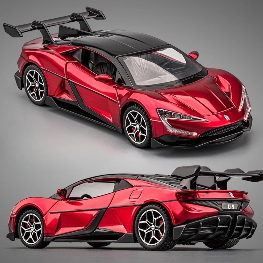 1:32 BYD Looking Up At U9 Modello di auto sportiva Giocattolo 4 porte aperte Musica leggera Tirare indietro Modelli di veicoli Collezione domestica Ornamenti