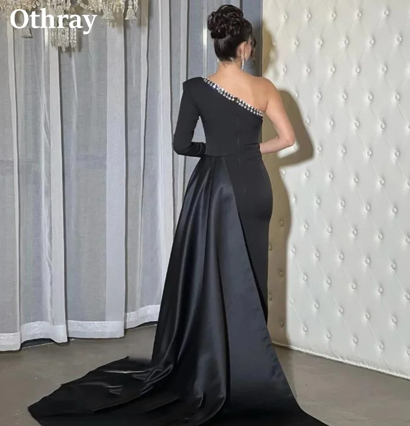 Othray Charming Black Evening Dresses One Shoulder Single Long Sleeves Slit Side Women Formal Met Gala Gowns With Cape