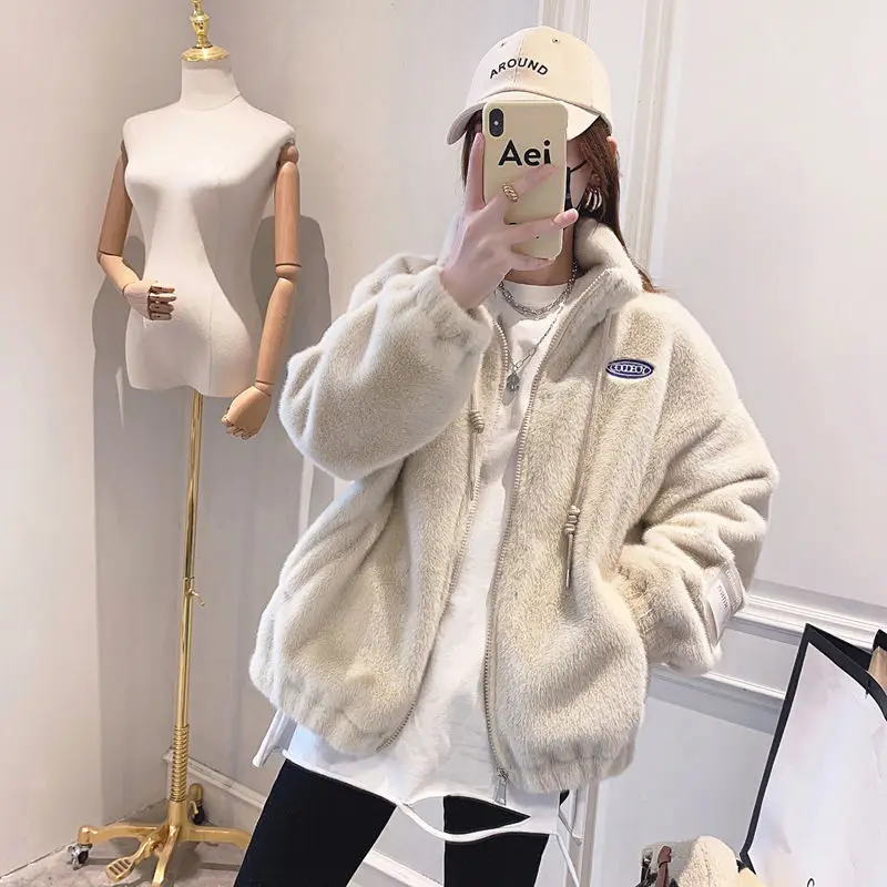 2024 New Imitation Mink Fur Coat Women\'s Slim Stand Collar Short Fur Jacket Autumn Faux Rabbit Zipper Coats Ladies Plush Outwear