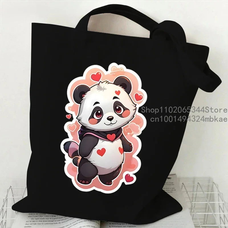 Cartoon Panda Pattern Canvas Shoulder Bag Women Portable Versatile Storage Bag Cute Animal Panda Shopping Bags Teen Girl Handbag