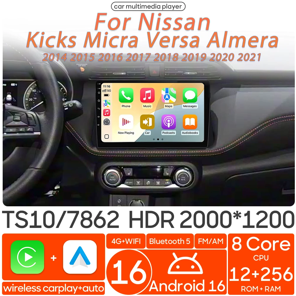 Android 16 For Nissan Kicks Micra Versa Almera 2014 - 2021 Audio Screen Car Multimedia Player Carplay Radio Video Navigation GPS