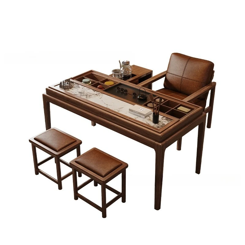 Walnut solid wood tea table and chair combination living room tea room multi-functional storage wet bubble rock slab tea table
