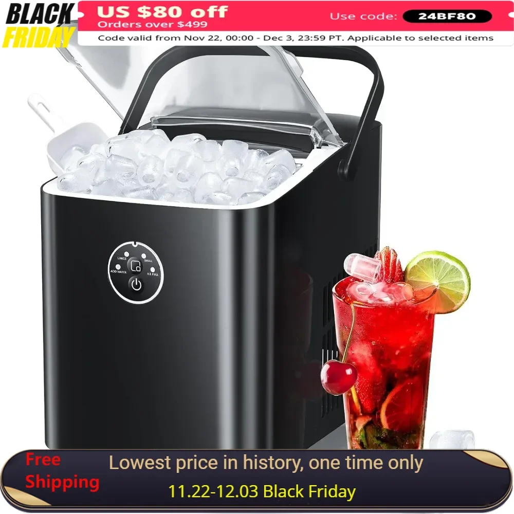 

26.5Ice Makers, Countertop Ice Machine, 2 Sizes S/L 8 Bullet Ice Ready in 9 Mins, 26.5lbs/24H, Portable Small, Ice Makers