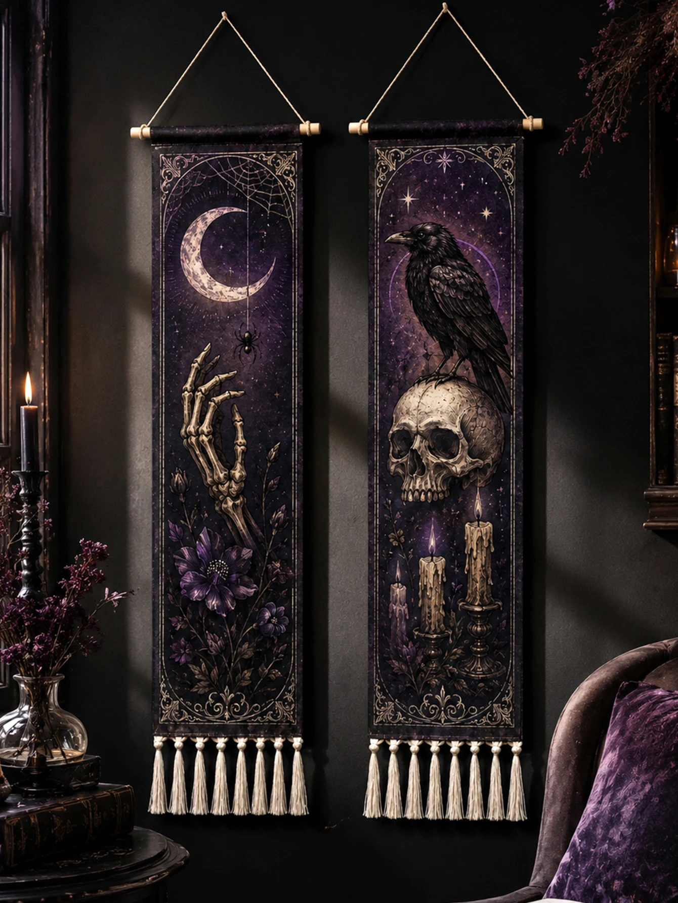 Halloween-Wandteppich mit Quasten, Gotische Hexe, Schwarze Katze, Krähe, Geisterhaus, Totenkopf-Druck, Vintage Grusel-Wandbehang Deko – Detail 37