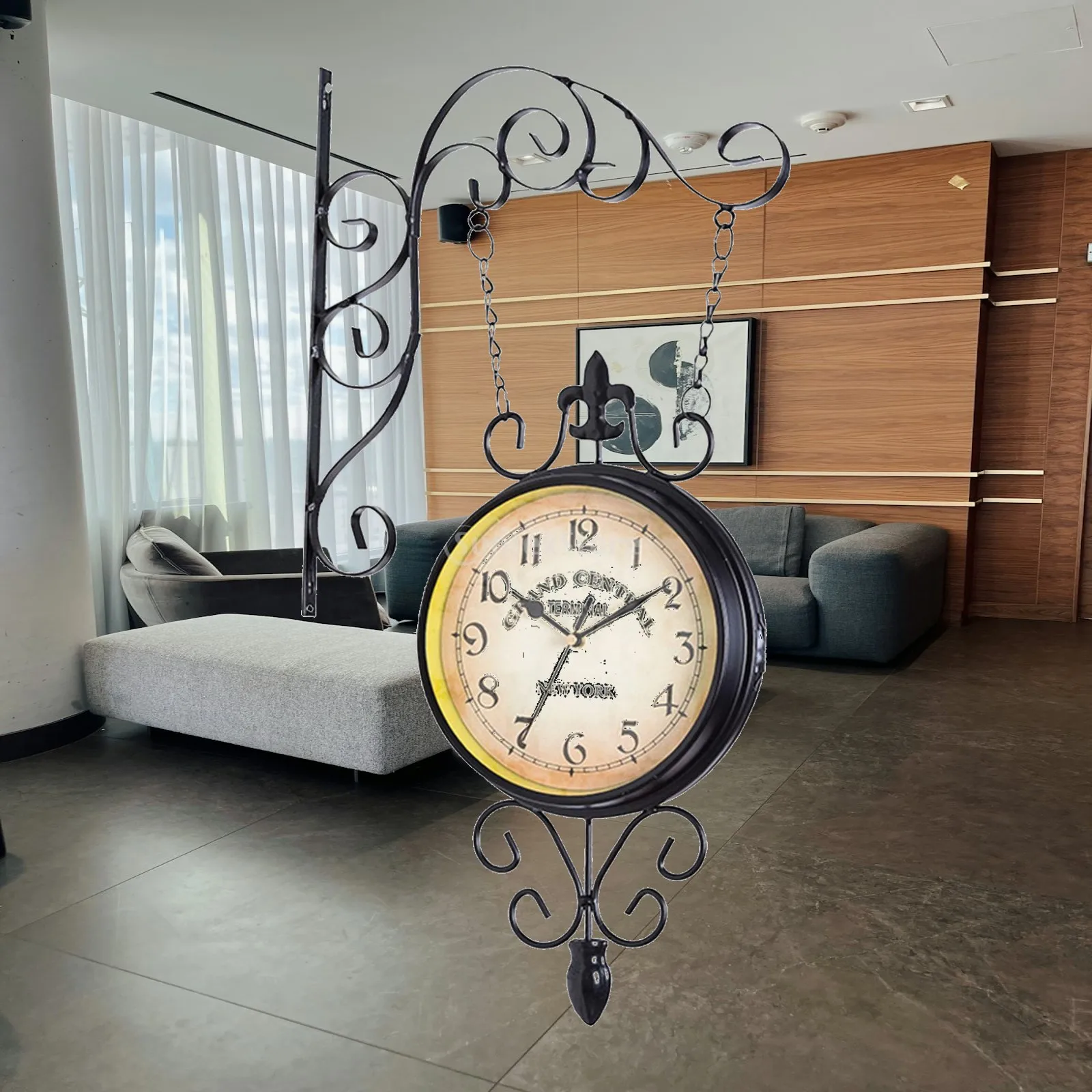Iron Art Double Sided Wall Clock Modern European Design Wall Hanging Clock for Living Room Corridor