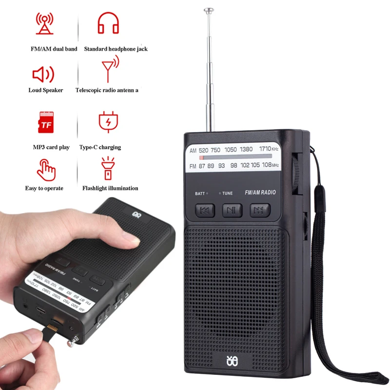 Mini Pocket FM AM Radio, Ponto Portátil, Rádios de Alta Sensibilidade com Lanterna LED, Suporte 3.5mm Headphones, Recarregável TF Card
