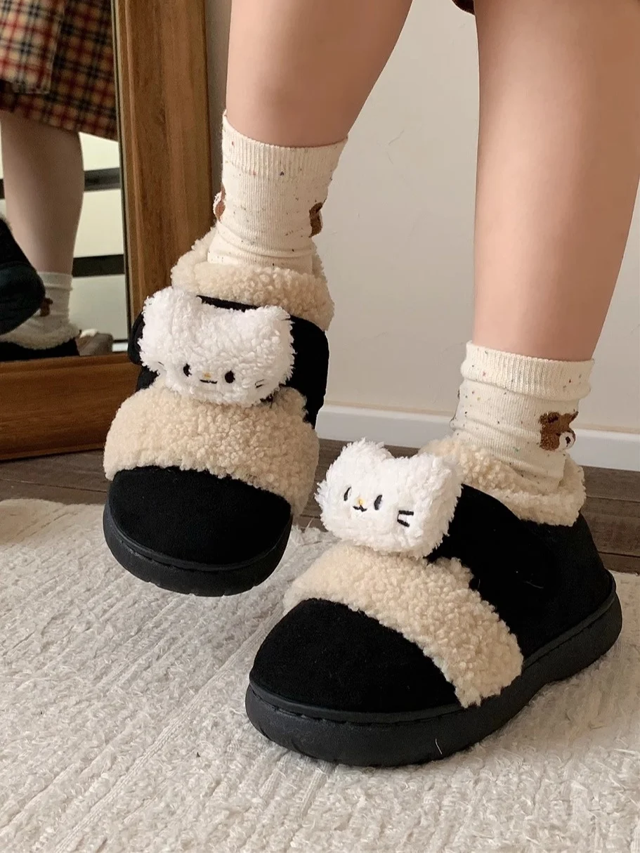 

Cute Bean Shoes Women's Casual Cotton Slippers Magic Tape Outerwear Autumn Winter Retro Color Block Low Heel Flat Bottom
