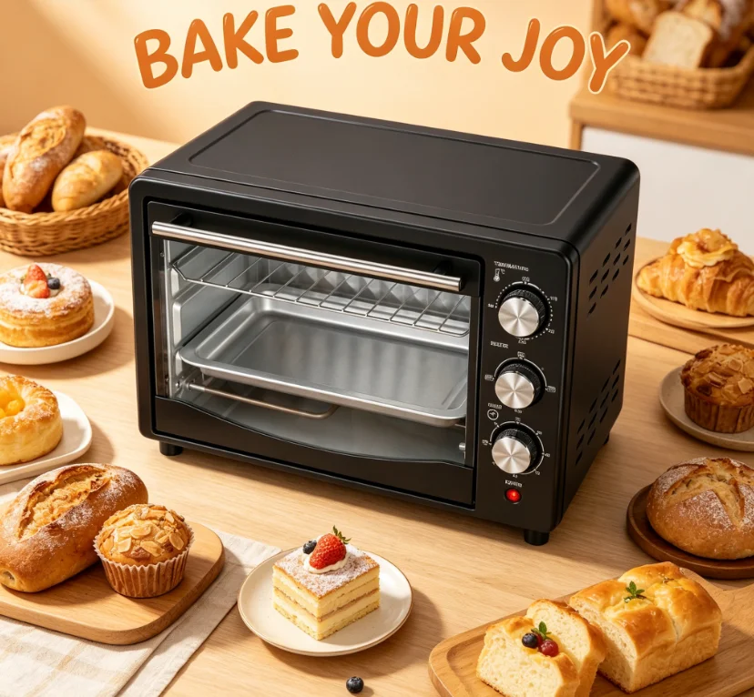 24L Black Electric Oven with 1400W Dual Heating Tubes 60-Min Timer Motorized Rotisserie CKD Packing for Home Baking Roasting