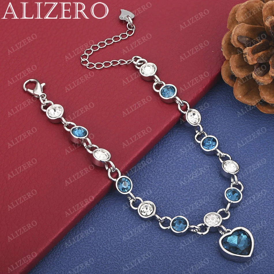 

Women 925 Sterling Silver Lucky Female Blue Crystal Heart Charm Pulseras Bracelet Bridal Wedding Engagement Fine Jewelry Gift