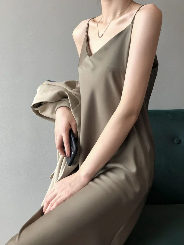 프렌치 Y2K 스타일 H라인 드레스 여성 미디 빈티지 우아한 여름 스파게티 스트랩 인스 스트리트웨어 여성 백리스 미니멀리스트 베스티도스