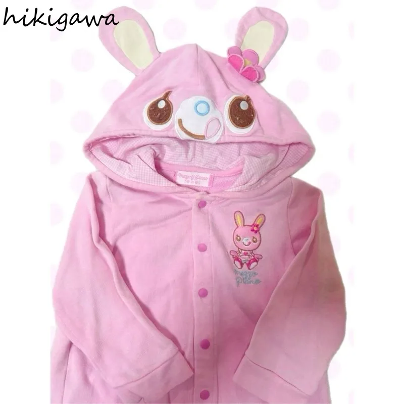 Japanese Cute Jacket Women's Clothes Embroidery Rabbit Ear Hooded Single-breasted Y2k Tops Casual Fashion Sweet Coats Ropa Mujer
