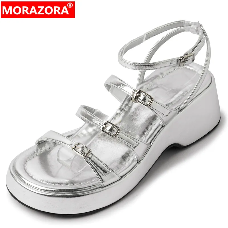 MORAZORA 2024 New Genuine Leather Platform Women Sandals Office Ladies Buckle Slingbacks Shoes Square High Heels Summer Sandals