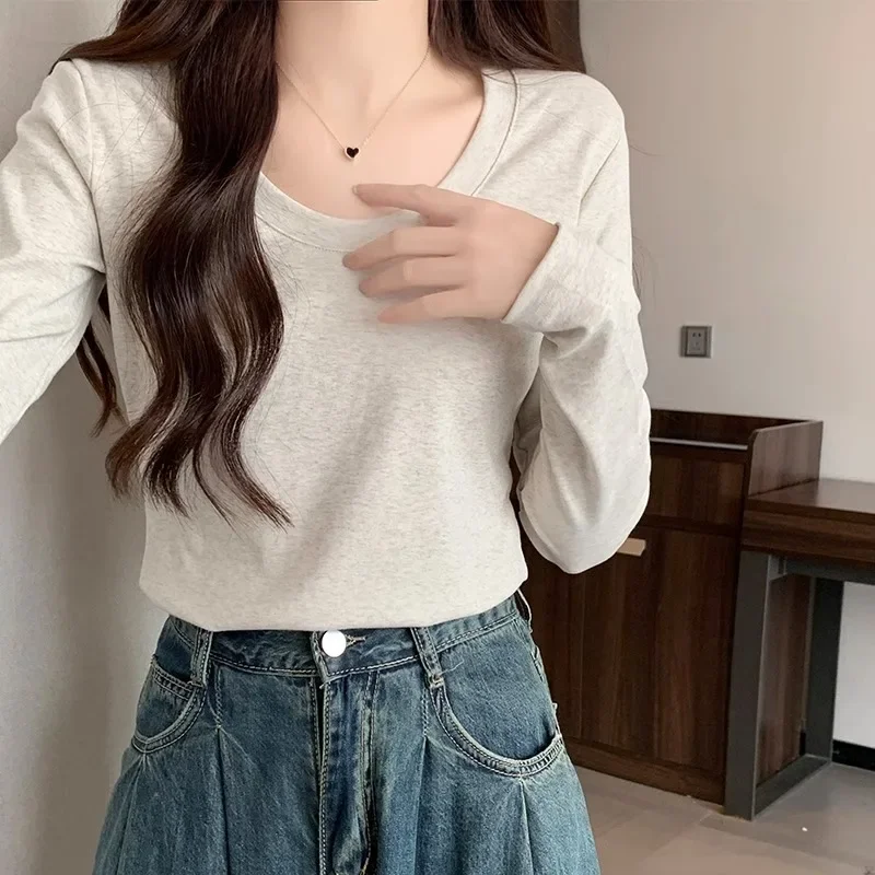 Women New Pure Cotton Big U-Neck T-shirts Long Sleeve Solid Colors Elastic Slim Tops Sping Autumn Simple Casual Bottoming Shirts