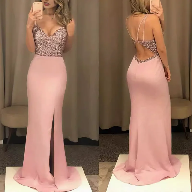 Vestido calado sin mangas brillante a la moda, vestido Sexy de cola de pez ajustado con lentejuelas y cuello Halter, vestido elegante de cintura alta con cuello en V y cadera
