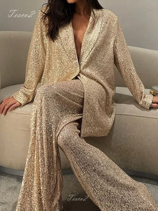 Tesco Champagne Sequins Suit Sets For Women Casual Loose V Neck Sexy Jacket And Wide Leg Pants Sets For Club Party Sparkle 2Pcs