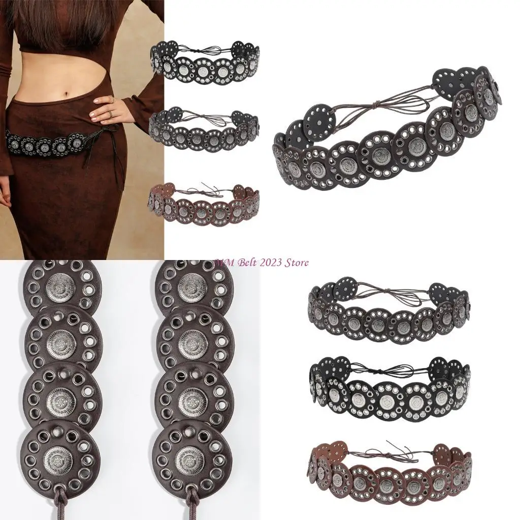 

49ME Ethnic Western Wide PU Leather Disc Belt with Eyelets for Women Vintage Waist Belt for Dresses and Skirt Dressingup