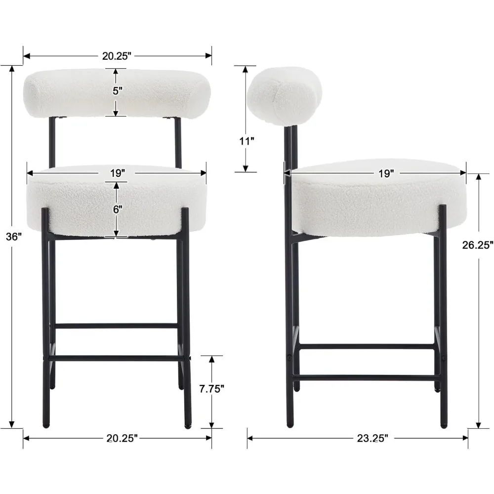 Sherpa Taburetes de bar con altura de mostrador, juego de 2 taburetes de bar tapizados modernos con respaldo abierto curvo/asiento redondo Boucle cómodo
