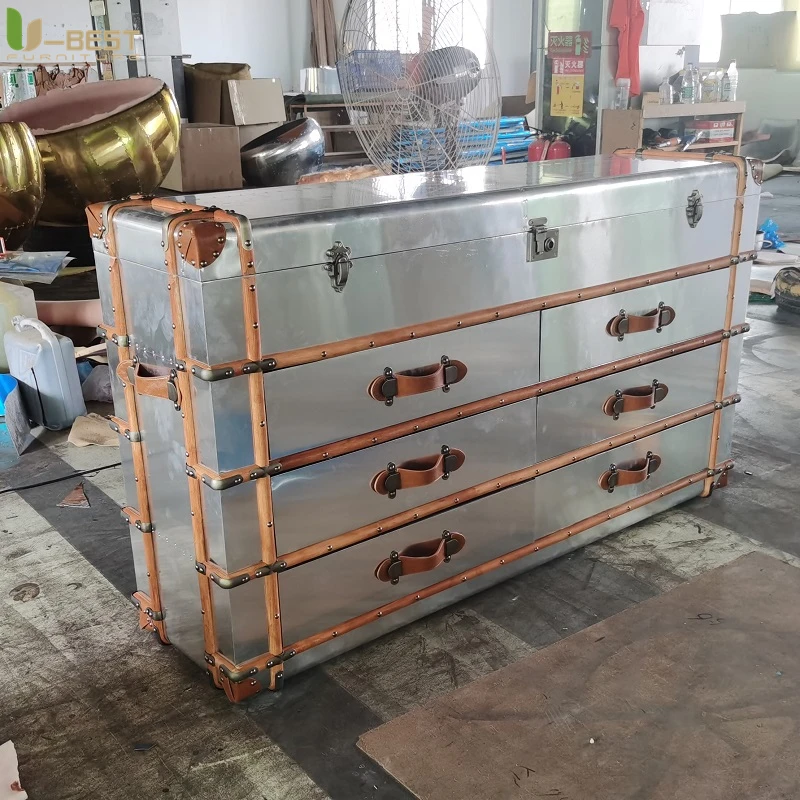 U-best American Style Aluminum  Storage Corner Cabinet Loft Vintage Metal Trunk Sideboard Home Bar Aviator Side Cabinet