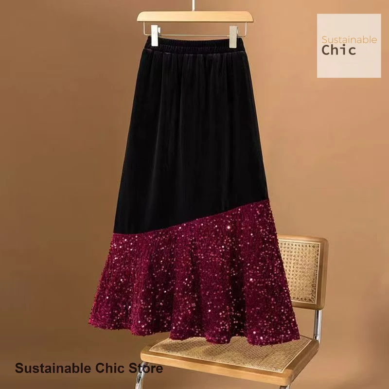 Korean retro plus size high waist skirt women's spring and autumn new fashion temperament western casual sequined skirt.