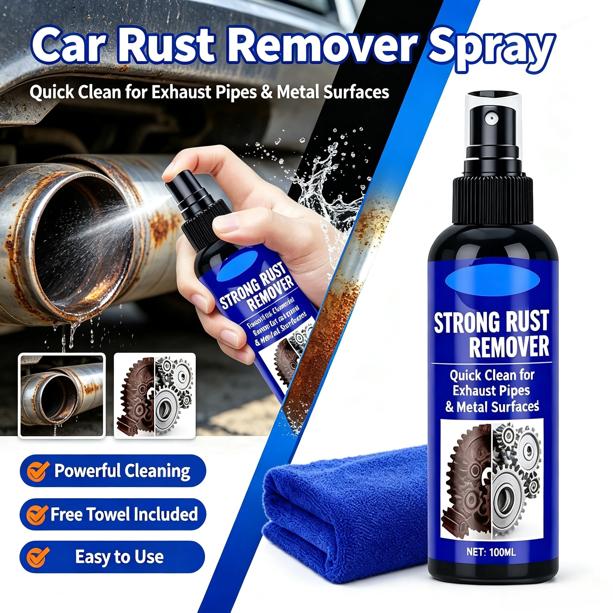 Car Rust Remover Spray Exhaust Pipe Derusting Agent Wheel Hub Cleaner Metal Iron Powder Stain Removal Auto Care Accessory
