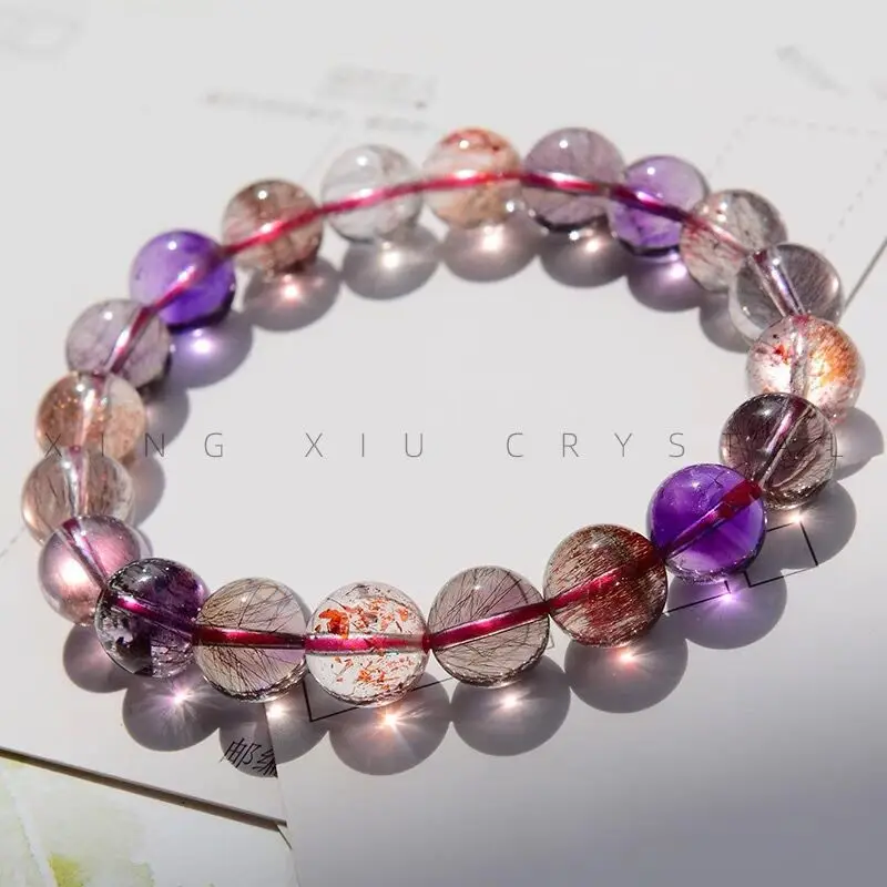Super Seven Crystal Bracelet for Women, Strawberry Crystal, Solid Color Amethyst, Three-Ring Beaded Bracelet for Men, Natural Cr
