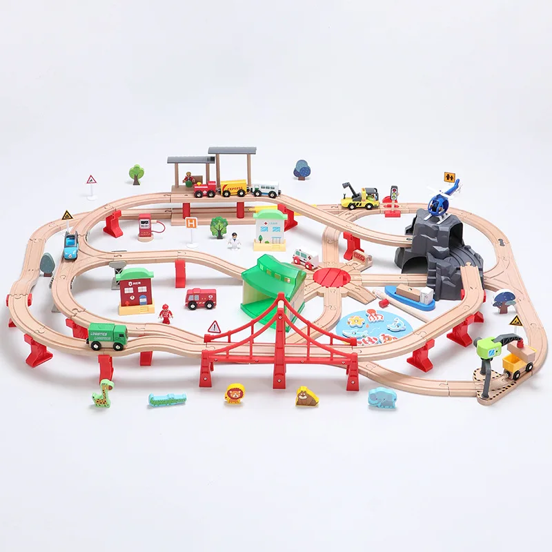 Deluxe Double-Layer Wooden Train Track Scene Set, Animal, Fishing, Airport, Overpass, Transportation Car Scene Track Sets Toy