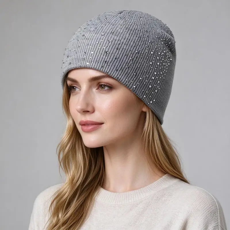Soft Stretchy Black Knit Beanie With Sparkly Rhinestone Thermal Lining For Winter Daily Wear Parties
