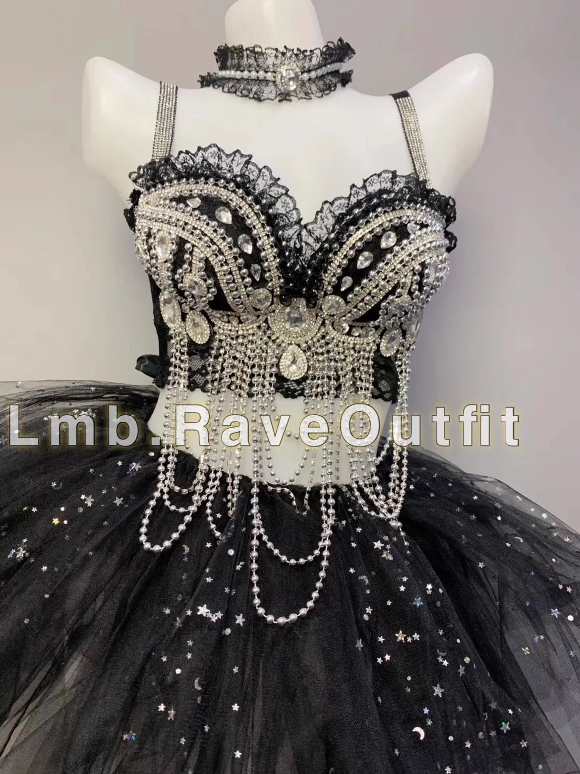 

Lace Pearl Sexy Luxury Diamond TTassel Set Female Singer Dance Stage Wear Bar Nightclub Host Party Rave Performance Clothing