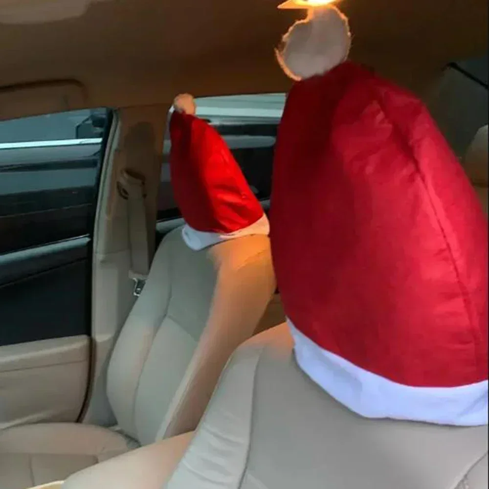 Santa Hat Auto Headrest Cover Universal Fit Christmas Car Interior Supplies Red Festival Holiday Vehicle Gift Accessories