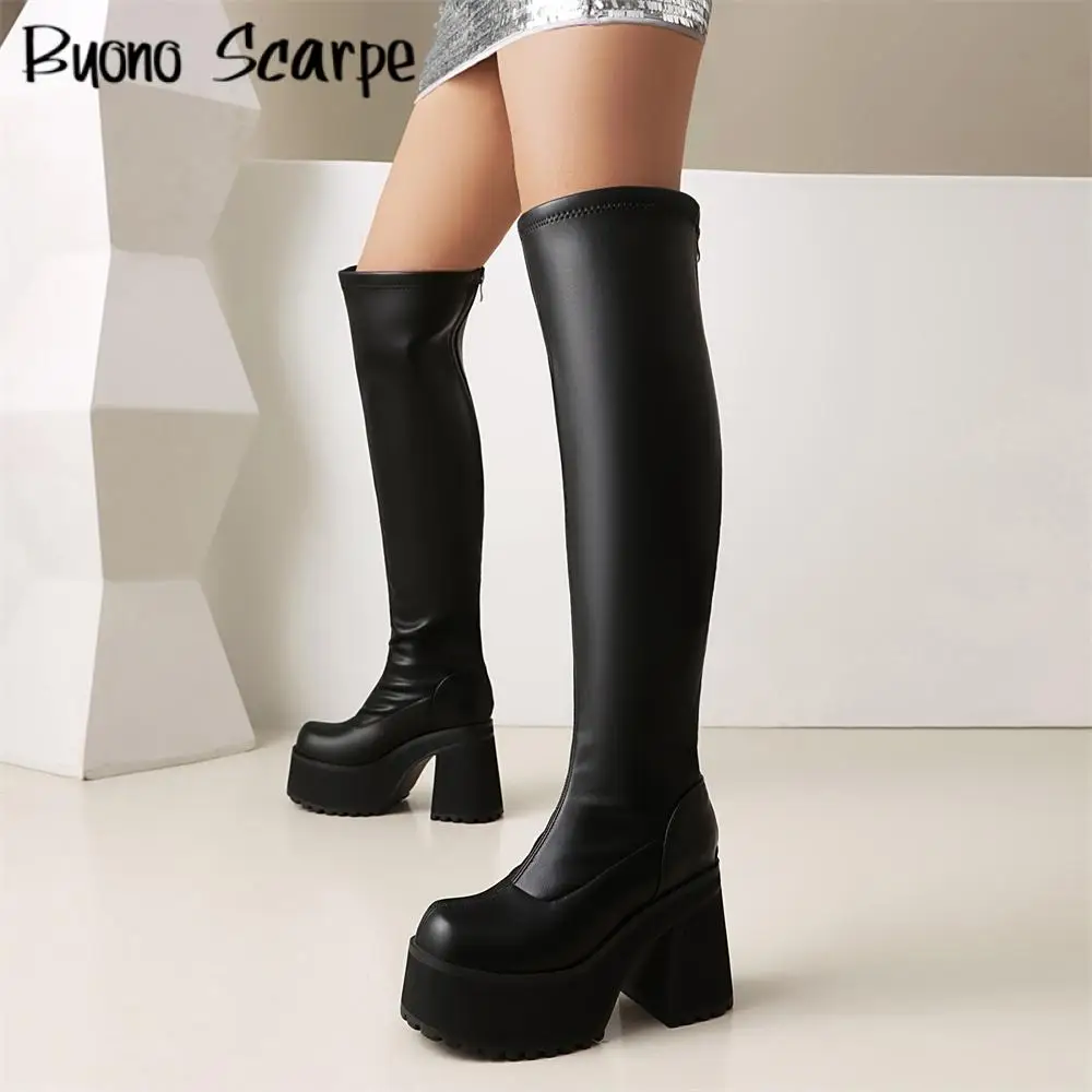 

Over The Knee Stretch Round Toe Thick Sole Platform Chunky Heels Women Boots Solid Color Large Size Fashion Western Sexy Shoes