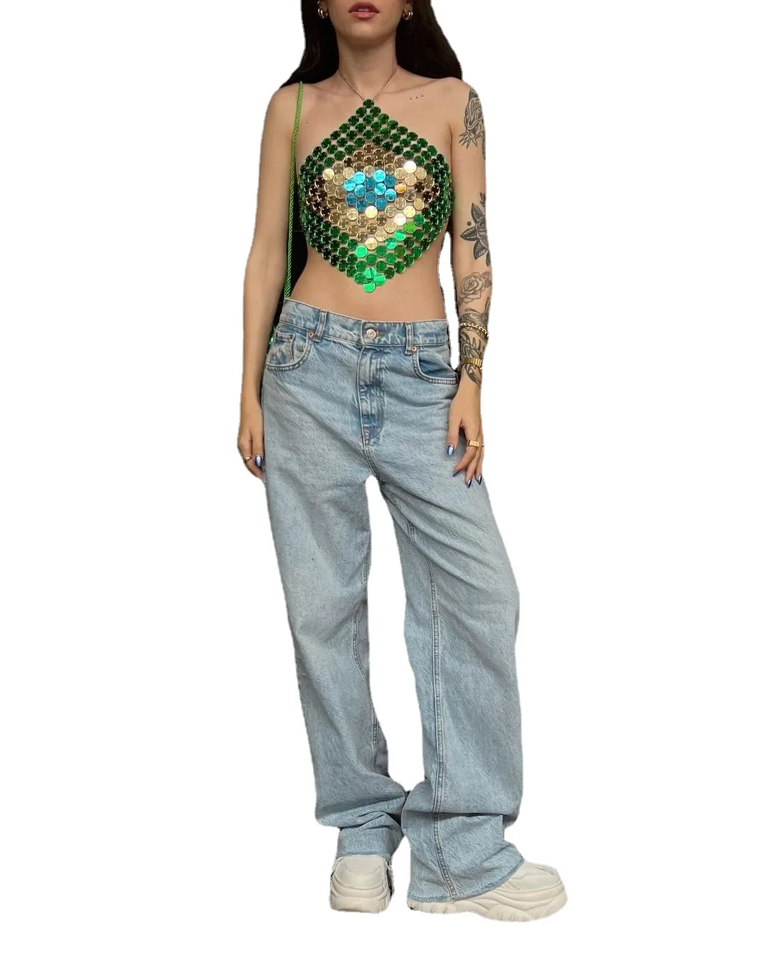 Green PMMA Beaded Short Camis Backless Neck Sling Shirt Tops Sexy Women Bikini Crop Night Clubwear Sequined Breast Body Chain