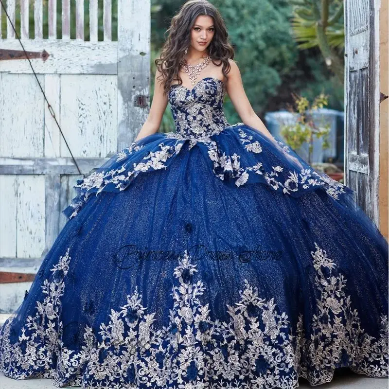 Abito Quinceanera blu Navy messicano abito da ballo eleganza pizzo lucido Applique perline corsetto dolce 16 Vestido De 15 Anos