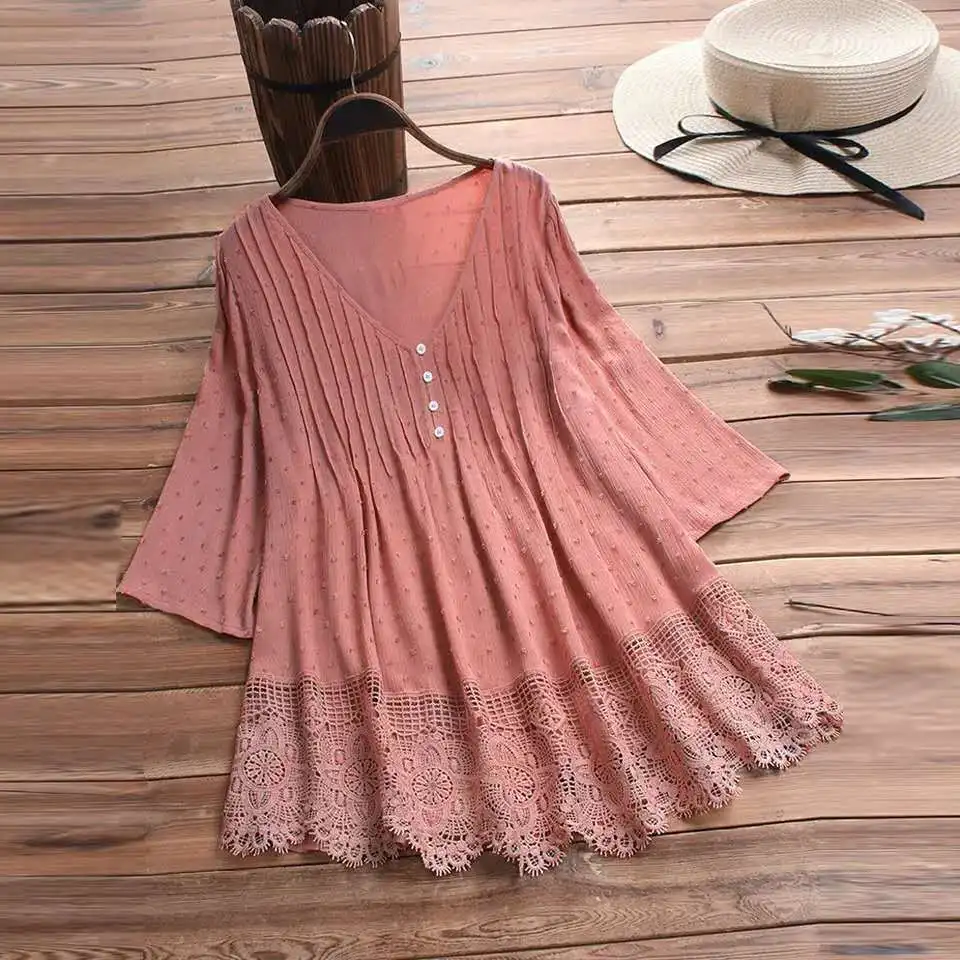 

Summer 2024 Women Blouse Vintage Three Quarter Lace V Neck Fashion Korean Plus Size Top Blusas De Verano Para Mujer T Shirt