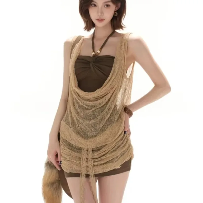 เสื้อผ้าผู้หญิงเซ็กซี่ 2 ชิ้นชุดลูกไม้พับ SMOCK SLIM FIT Backless แฟชั่น Bodycon มินิเดรสชุด Roupas Femme ฤดูร้อนชุด