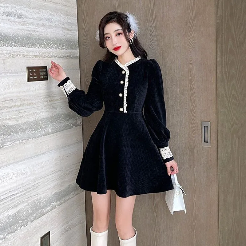 Corduroy Mini Black Dresses Women Long Sleeve Lace Spliced V-neck Elegant Defined Waist Graceful Autumn Winter Vestidos Popular