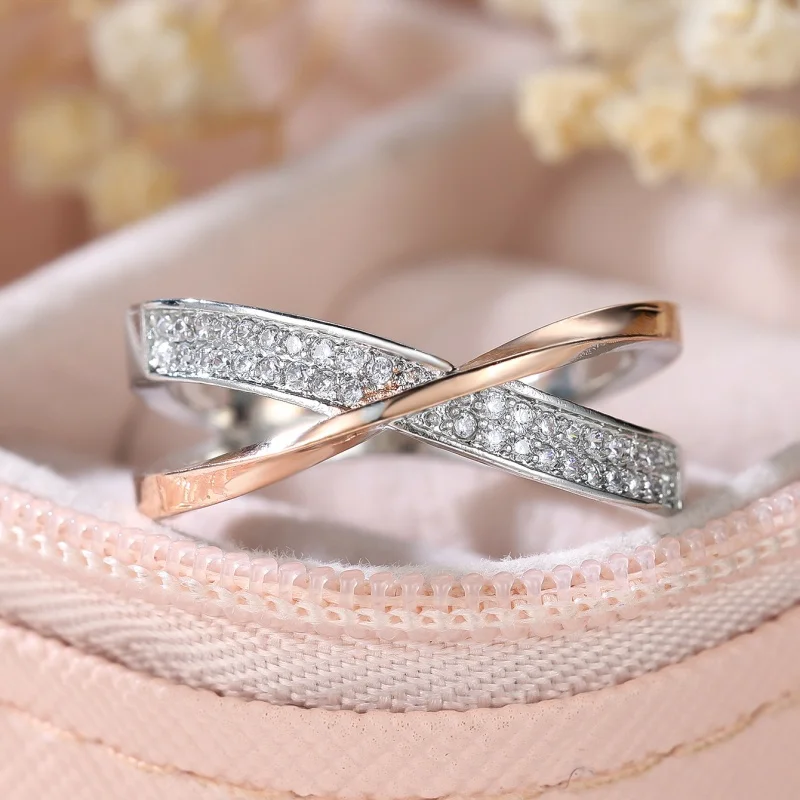 Two Tone Gold Cross Wound Full Diamond Ring, Light Luxury, Simple, Dual Ring Diamond Arrangement, Versatile Couple Jewelry