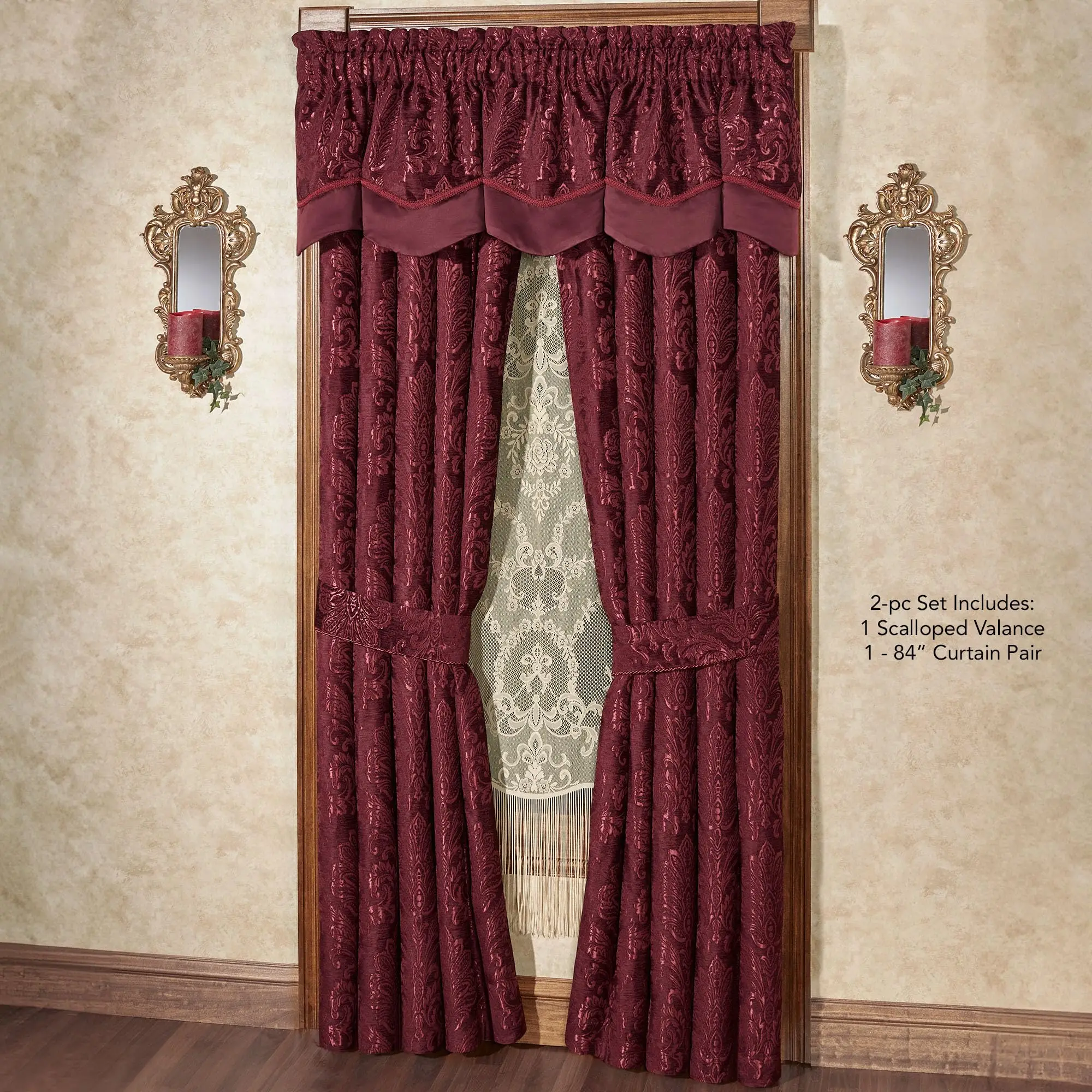 Camelot Luxury Window Scalloped Valance & 84L Curtains Set, Burgundy