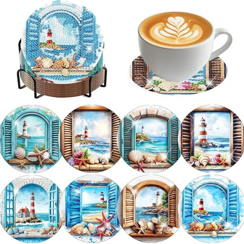 Lot de 8 dessous de verre diamant paysage