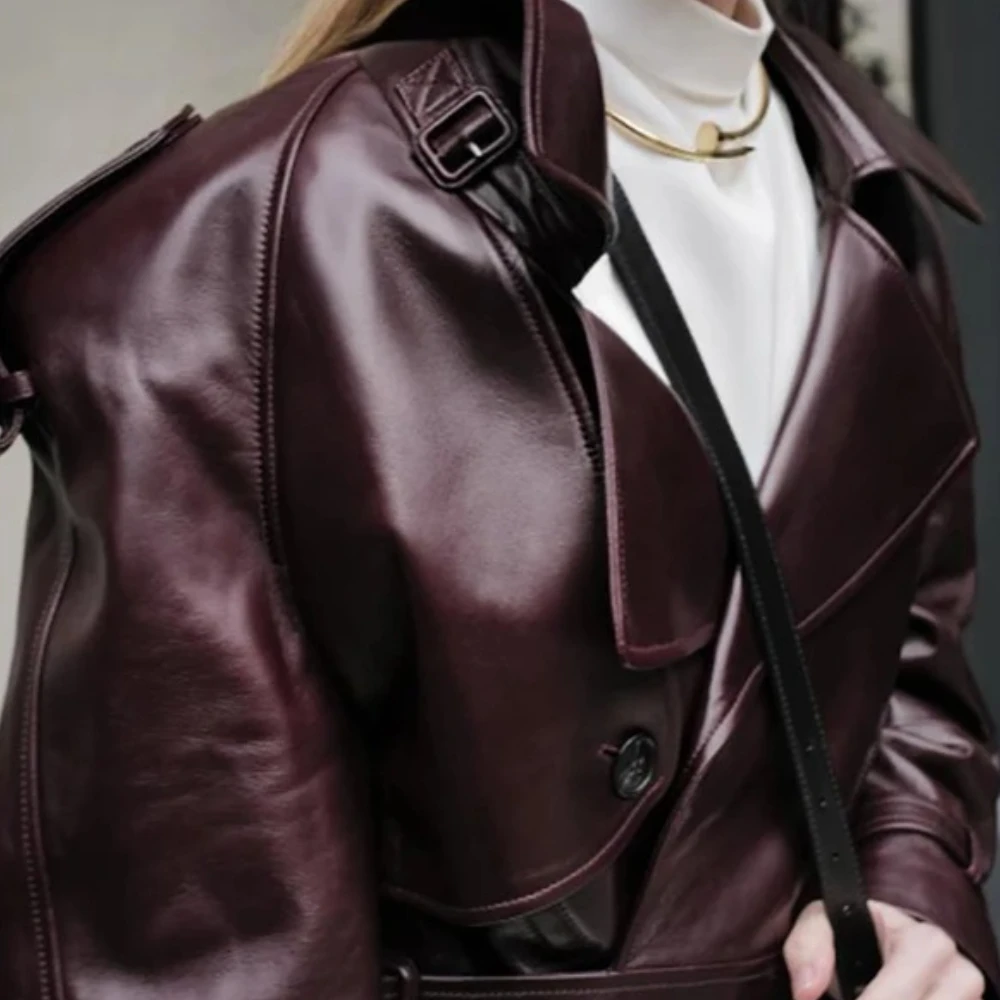 Chaqueta elegante de piel sintética para mujer, abrigo corto con cinturón de solapa a la moda, chaquetas de cuero Pu de manga larga con cremallera, ropa de calle para mujer