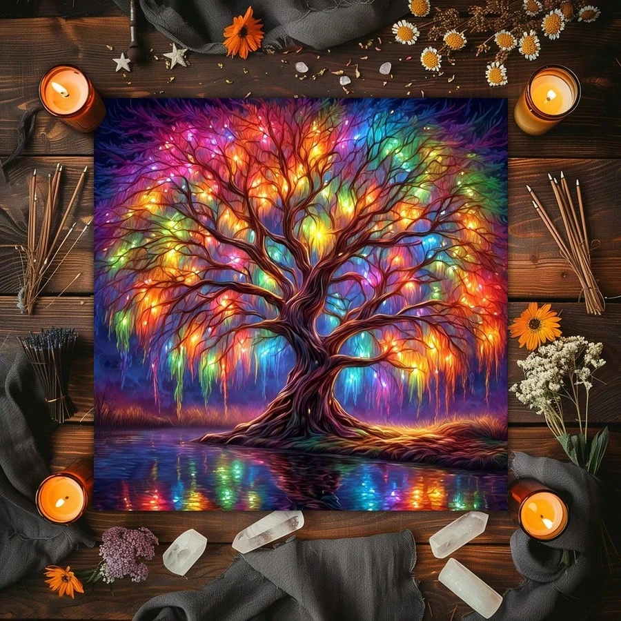 50/75/110cm Mystic Tree Of Life Crystal Tarot Tablecloth Moon Phase Floral Altar Cloth Oracle Card Pad For Party Games Astrology